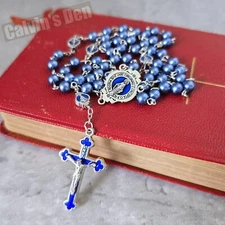 Miraculous Medal Rosary Necklace Blue Pearl Bead Virgin Mary Crucifix Cross Gift