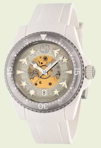 GUCCI Dive YA136343 Automatic Skeleton Watch White Rubber Strap