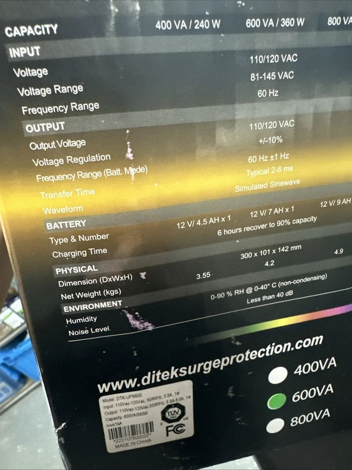 Ditek DTK-UPS600 Line Interactive UPS 600VA/360W NEW - Image 3 of 4