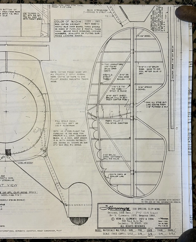 VTG The MONOCOUPE 110 Clip Wing 1938-45 R/C Model Airplane 2” = 1’ 1/6 200% 1/3 - Image 3 of 4