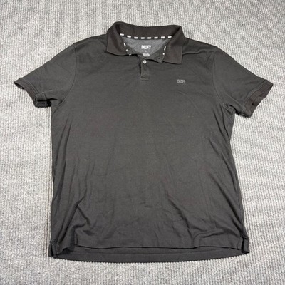 DKNY Shirt Mens L Black Short Sleeve Polo Logo Casual Cotton Blend