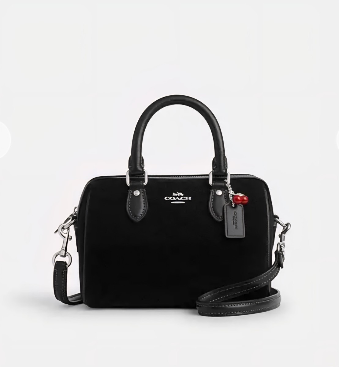 NWT Coach Mini Rowan Crossbody Bag W/ Cherry Charm Black Suede
