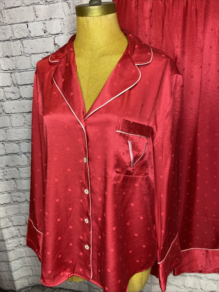 Victoria’s Secret 2 Piezas Pijama Rojo Brillante Satinado Lunares Conjunto M Foto 3 de 4
