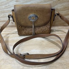 Western Brown Leather Crossbody Bag Floral Tooled Embossed Silver Concho Tassel