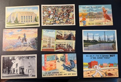 9 Vintage Oklahoma Pre 1952 & Whimsical Postcards-Oil Wells, Britling Cafe
