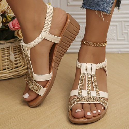 Fashion Fish Mouth Wedge Heel Casual Rhinestone Sandals Bling Beach Sandals - Picture 8 of 27