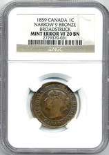 1859 Canada Large Cent, MINT ERROR, Narrow 9 Broadstruck - Very Fine, NGC VF20