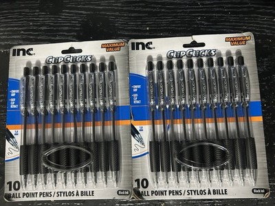 SET OF 2 Inc Clip Clicks Retractable Ball Point Pens 1.0mm 10 Pens ~ Black Ink