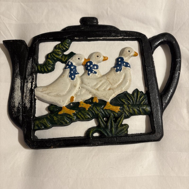 Vintage Cast Iron Goose Geese Trivet Painted Teapot