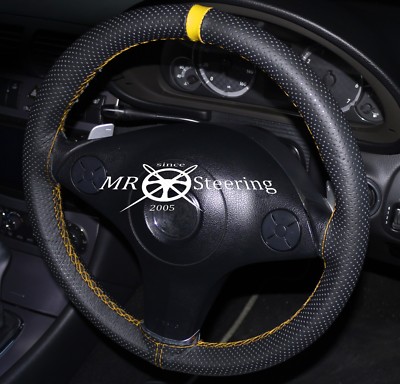 Custom Steering Ltd Steering Wheel Cover Black Perforated Leather + Yellow Strap