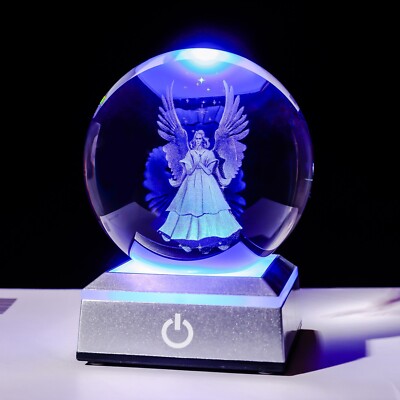 3.15'' 3D Engraved Angel Crystal Ball with LED Colorful Lighting Touch Base Gift