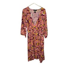 Ashley Stewart Pink Orange Geo Long Sleeve Linen Blend Wrap Dress Sz 18 Plus