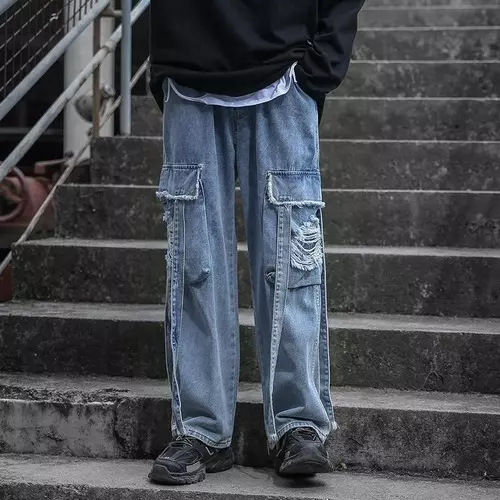 Punk Jeans Ripped Jeans for Mens Baggy Denim Trousers Wide Leg Pants Streetwear