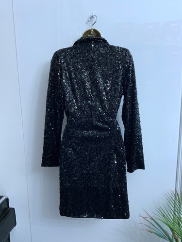 GEORGE LADIES BLACK SEQUIN SPARKLY PARTY DRESS SIZE 10 LONG SLEEVED WRAP FRONT - Picture 8 of 10