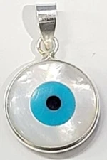 Evil Eye Pendant White Mother of Pearl Blue Eye 925 Sterling Silver New # 14 Lg