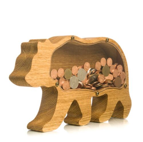 Adult piggy bank BEAR Wood coin bank for girls boys Montessori baby toy Tip jar - Afbeelding 1 van 10