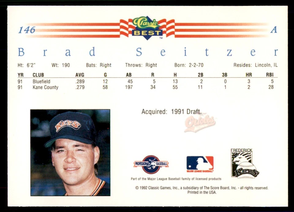 1992 Classic Best Brad Seitzer Baseball Cards #146 - Image 2 of 2