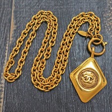 CHANEL Gold Plated CC Logos Charm Vintage Chain Necklace Pendant #684c Rise-on