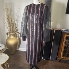 SHEIN Women’s CLASSY PARTY DRESS SIZE L SHEER ARMS ROUND NECK BLACK PINK SEQUIN