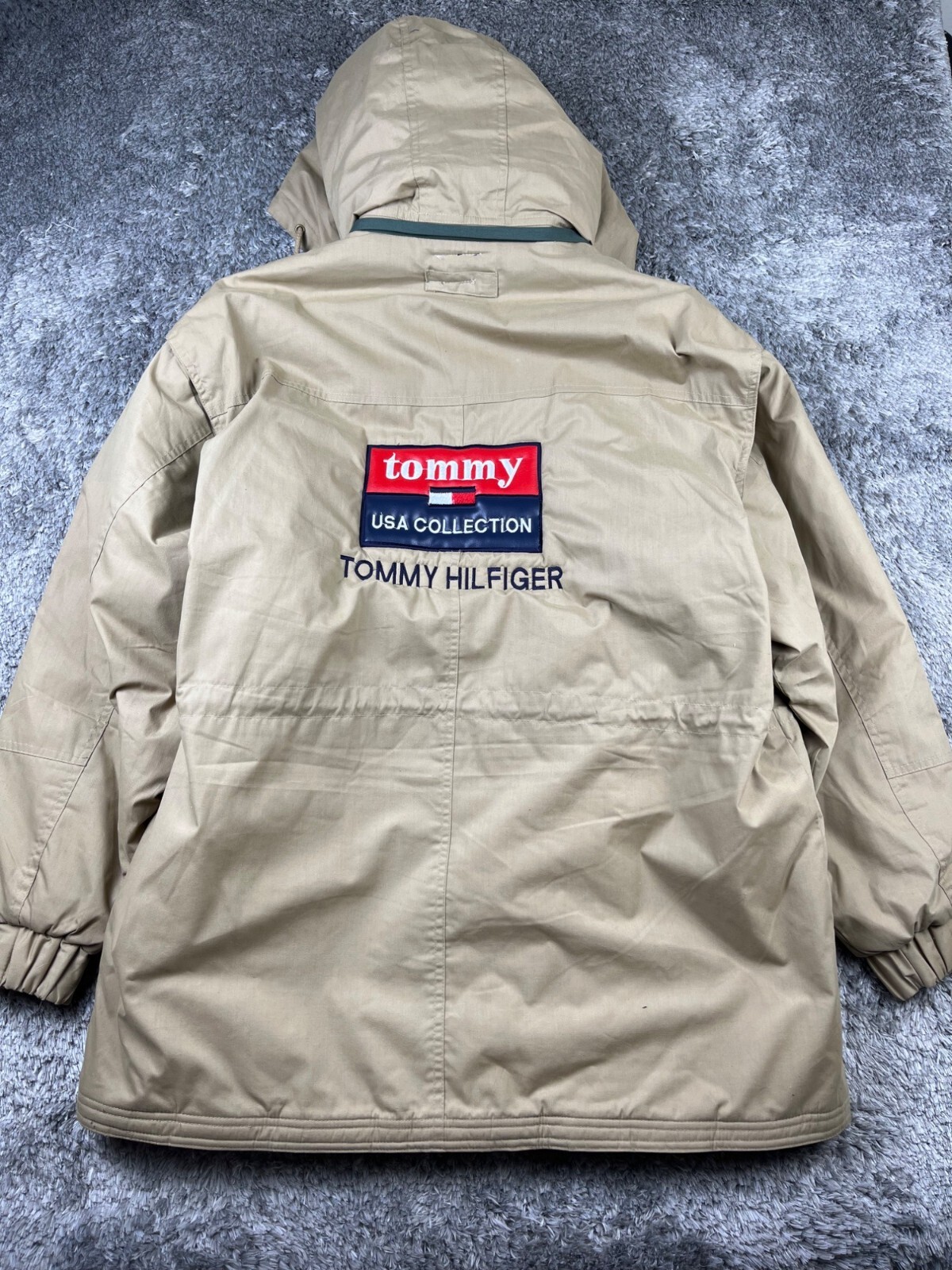 Tommy Hilfiger Men's 2XL Lined Flag Hooded Chore Parka Ski Coat Vintage