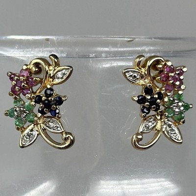 Vintage Ross Simmons 925 Sterling Silver Vermeil Flowers Multi Gemstone Earrings