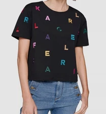 Karl Lagerfeld Paris Womens' Black Embroidered Logo T-Shirt Top Size XL