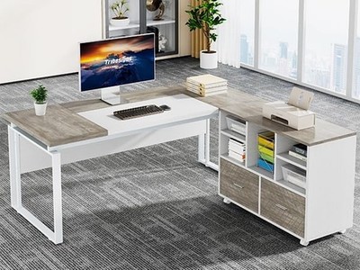 63-Inch L-Shaped Executive Desk Office Computer Desk w/ Reversible File Cabinet
