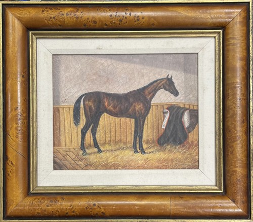 Antikes Ölgemälde - Vollblutpferd, neu gefüttert, Wurzelholzrahmen, 16"x14" - Bild 1 von 9