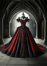 Gothic Wedding Dress Black / Dark Red Vintage Bridal Gown Lace Appliques Beaded