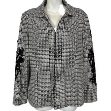 Chicos Womens Black White Lace Applique Ponte Knit Stretch Blazer Jacket 1 8 10