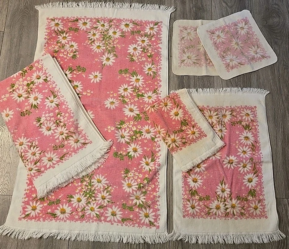 Juego de 6 paños de baño y mano vintage Martex rosa blanco margarita algodón  Foto 2 de 4