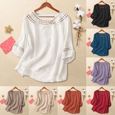 Womens Summer Casual Hollow Linen Cotton Blouse Tee Shirts Loose Embroidery Tops