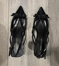 Marc Fisher Laily Women Pump Sz 7 Black Patent Pointy Toe Block Heel Slingback