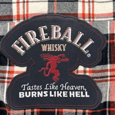 Angry Minnow Flannel Co Shirt Mens Medium Red Black Plaid Fireball Whisky Patch