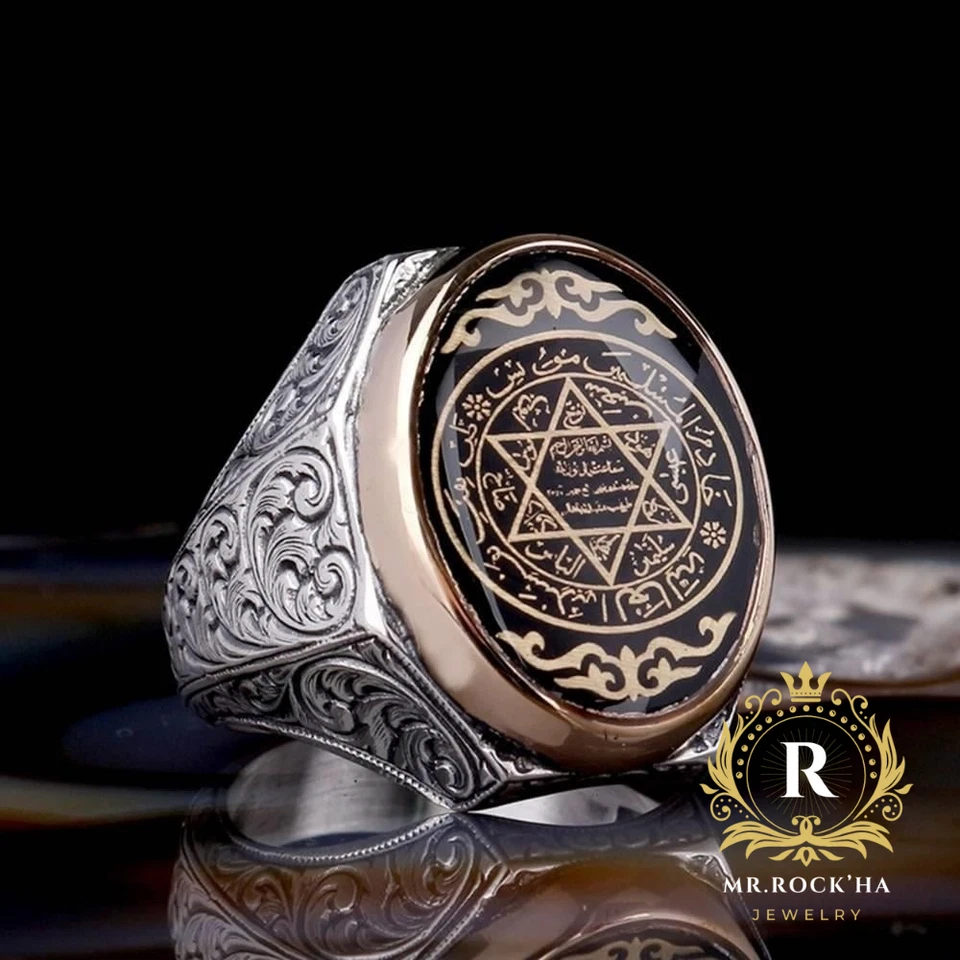 Seal of Solomon,Black Enamel,Wave Flower Engraved,925 Sterling Silver Men's Ring - Image 2 of 4