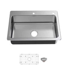 Bratten 33 In. Drop-In Single Bowl 18 Gauge Stainless Steel Kitchen Sink with Ac