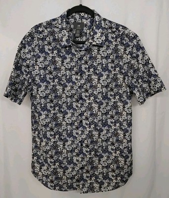 H&M Mens Large Short Sleeve Navy Blue Casual Slim Fit Floral Button Down Shirt