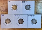 [Lot of 5] Barber Dimes Mixed Dates 90% Silver