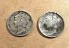 1943 1944 Mercury Dimes - No Mint Mark 90% Silver - Circulated