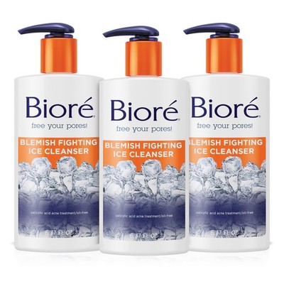 Biore Blemish Fighting Ice Cleanser Face Wash 6.77 Fl Oz (Pack of 3), White 