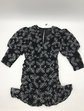 Asos Design Mini Dress Women's 6 Black Floral Puff Sleeves V-Neck Button Closure