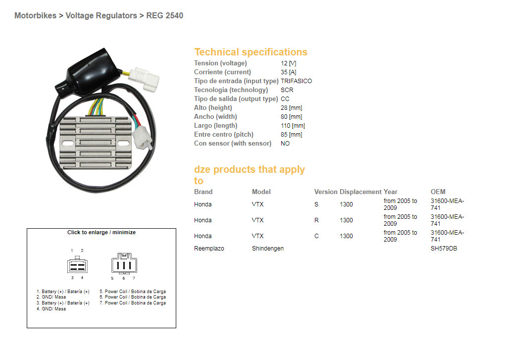 Régulateur tension DZE haute performance pour Honda VTX 1300 S R C