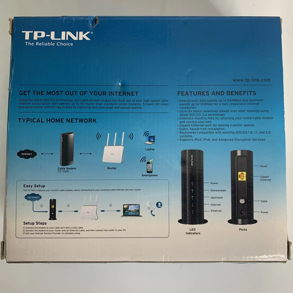 TP-Link TPLink DOCSIS 3.0 Cable Modem Black TC7610 TC-7610 343 Mbps Xfinity Cox - Image 3 of 4