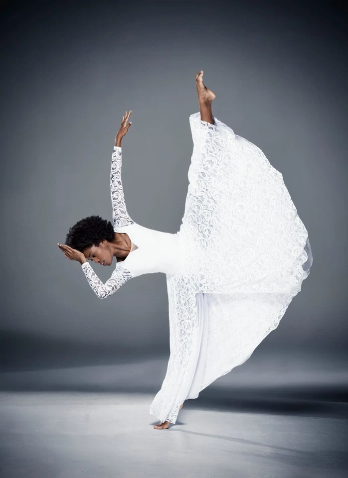 Mujeres Blanco Encaje Manga Larga Alabanza Vestido Baile Ballet Iglesia Ropa de Baile Disfraz L Foto 3 de 4