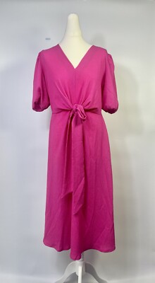 V by Very Tie kurzärmliges MIDI-Sommerkleid mit vorneem Knoten V-Ausschnitt rosa UK Größe 14