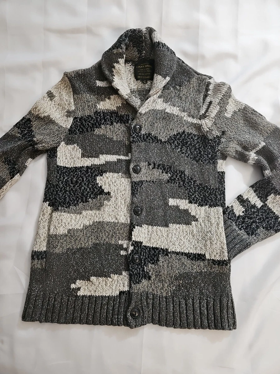 Lucky Brand Shawl Collar Black Gray White Knit Camo Cardigan