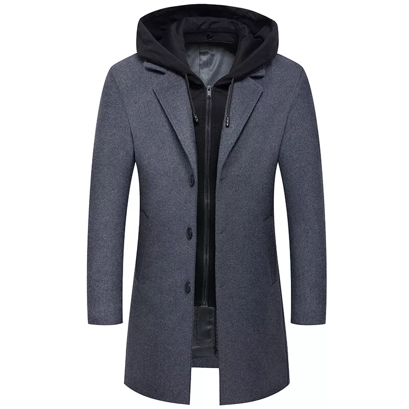 Business Men Suits with Hood Wool Blend Long Overcoat Hooded