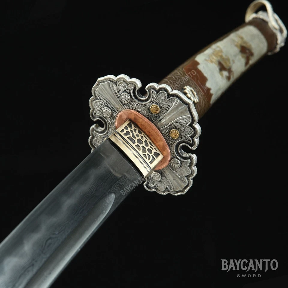 Damasco Acero Tachi Real Hamon Katana Hecha a Mano Arcilla Templada Agua Apagada Foto 2 de 4