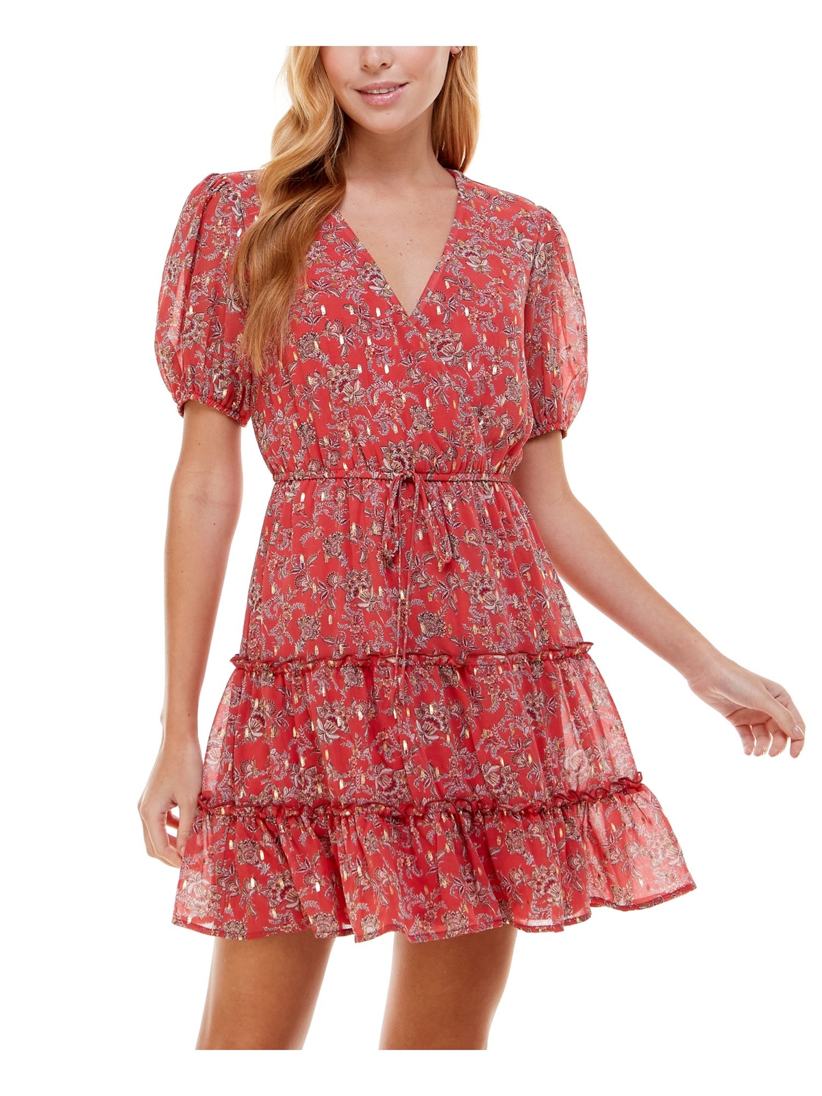 Короткое вечернее платье с коротким рукавом и красным галстуком-пуфом CITY STUDIO Womens M