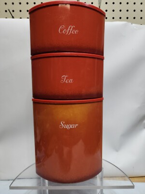 1970s Cheinco Woodbury Stacking Canisters Kitchen Metal Orange Sugar Tea  Coffee